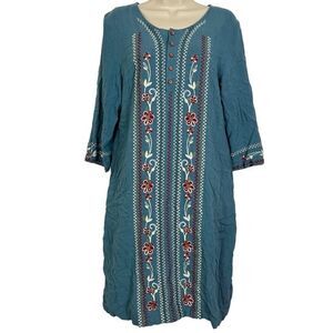 HIDDEN ALLEY Embroidered Long Sleeve Casual Button Down Boho Blue Dress sz M